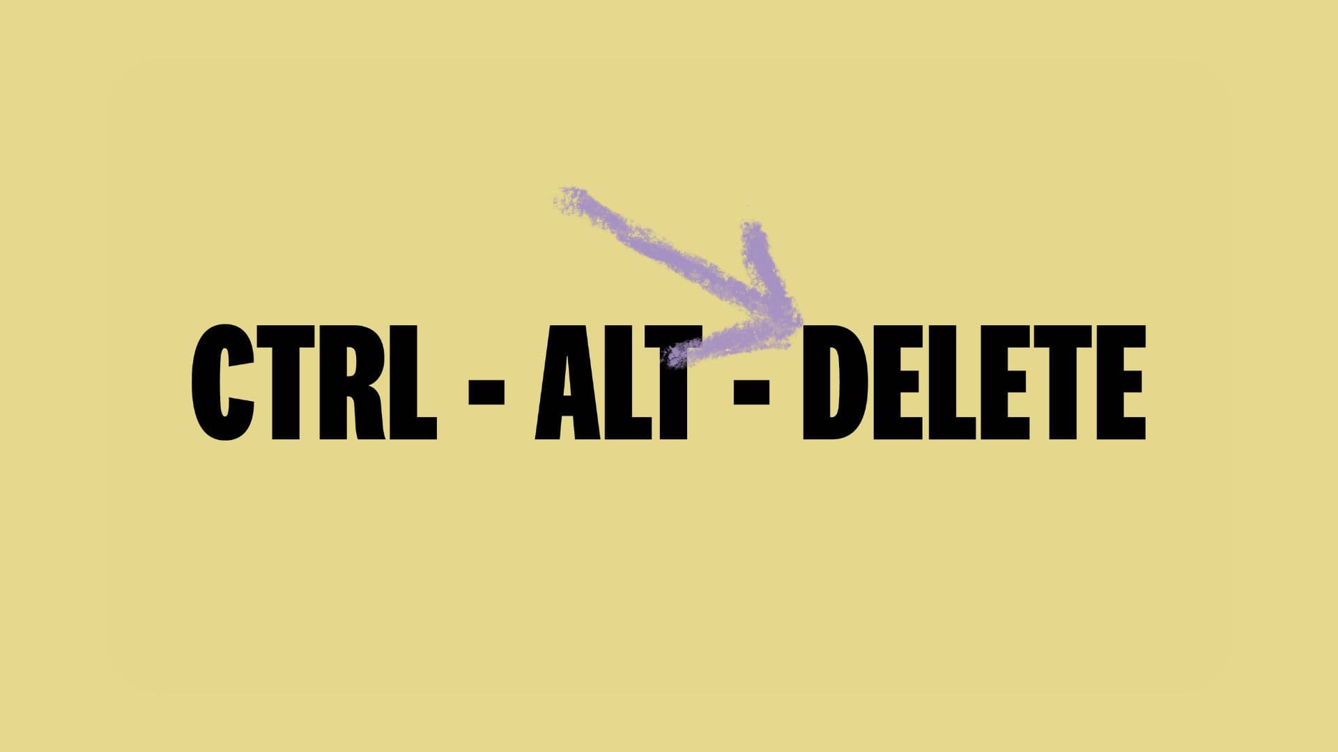 Ctrl-Alt-Delete logo on yellow background with purple crayon-drawn arrow