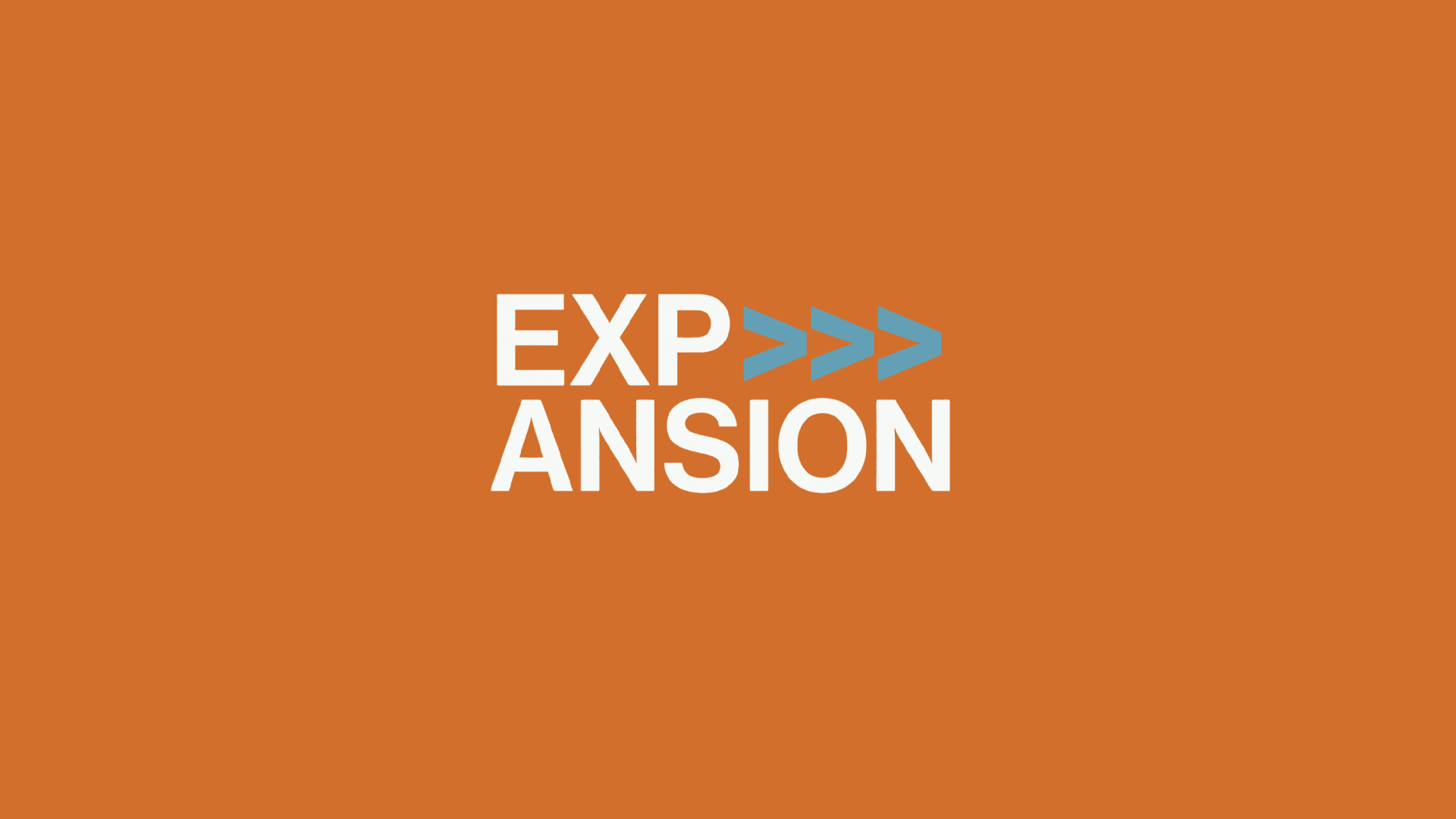 White Expansion lockup on orange background with blue chevrons (>>>)