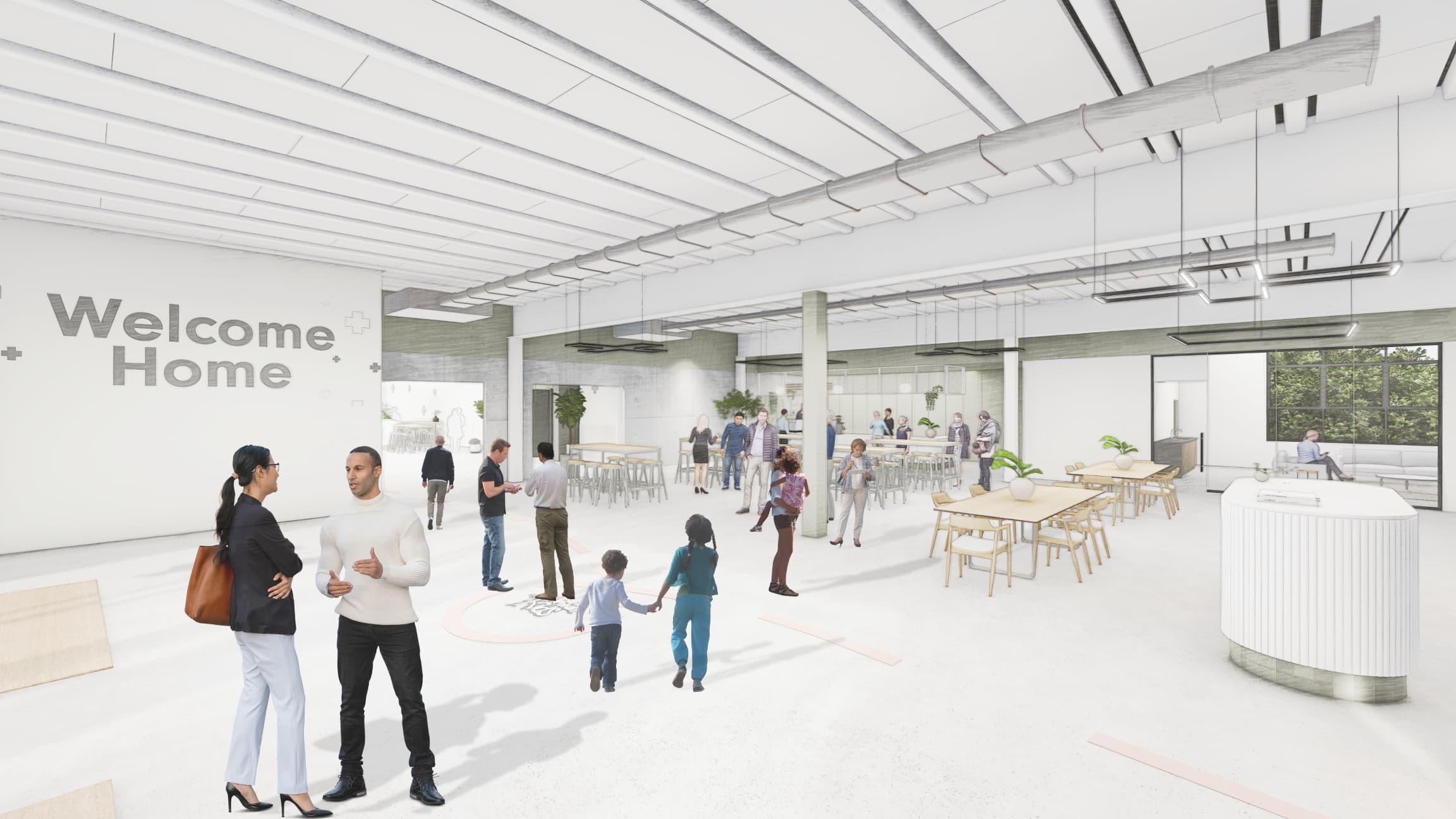 Render of the new LIFE North foyer with images of people around enjoying the new space