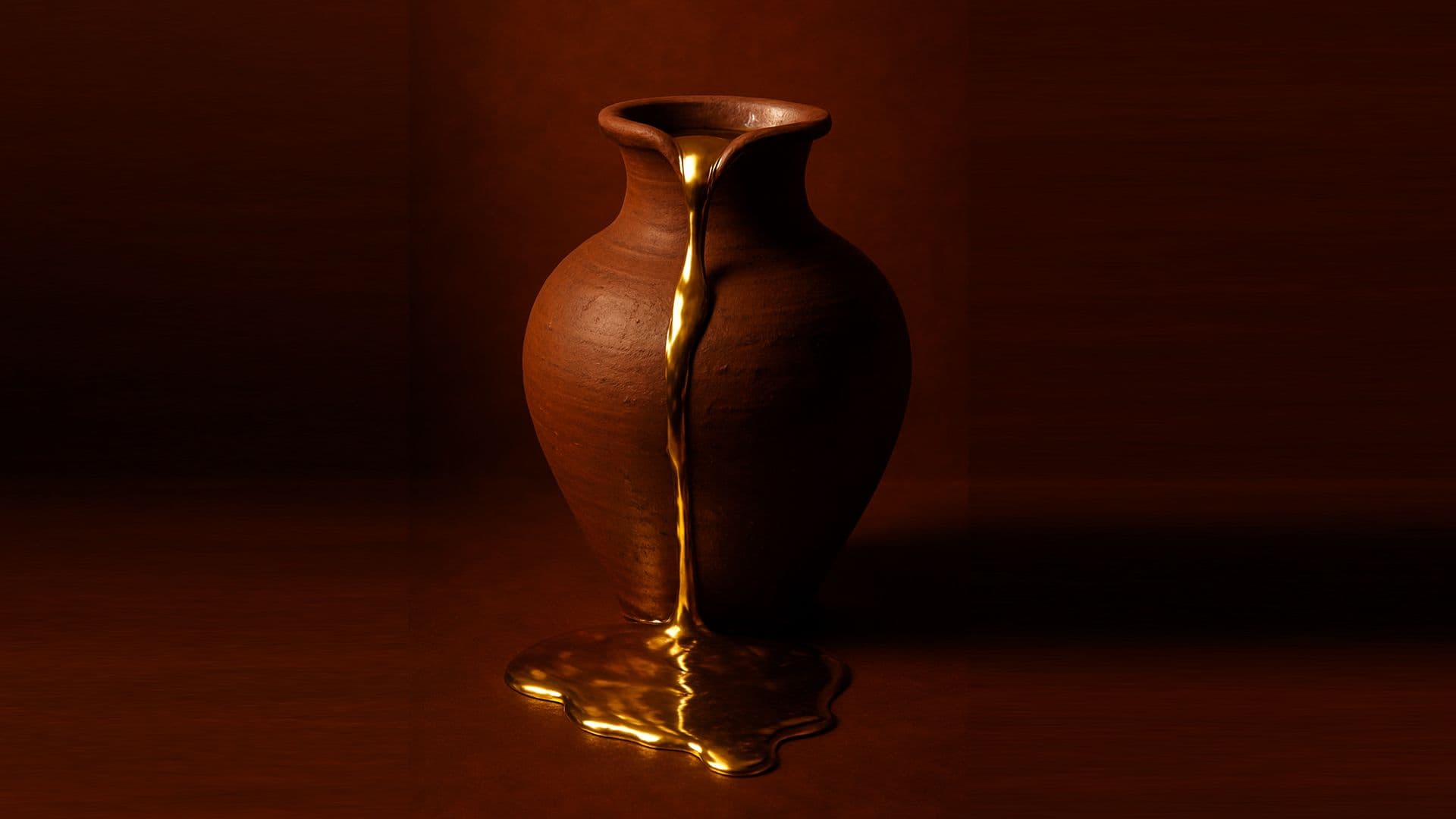 Dark background with a clay jar with liquid gold pouring out of it into a puddle